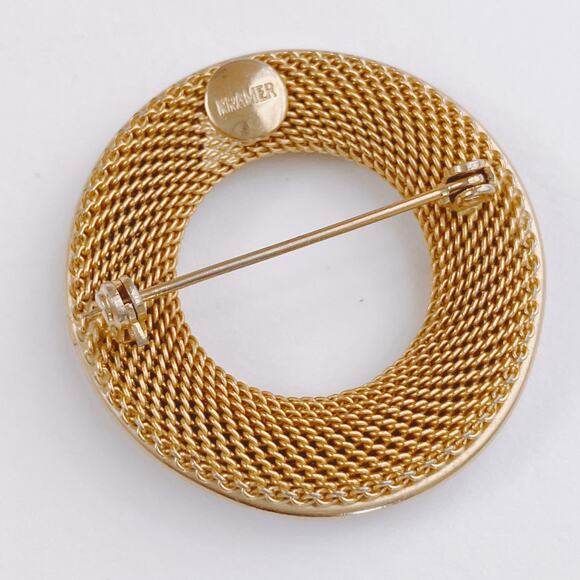 Signed Kramer Mid Century Modern Gold Tone Mesh Circle Brooch Geometric 50s 60s - Picture 9 of 10